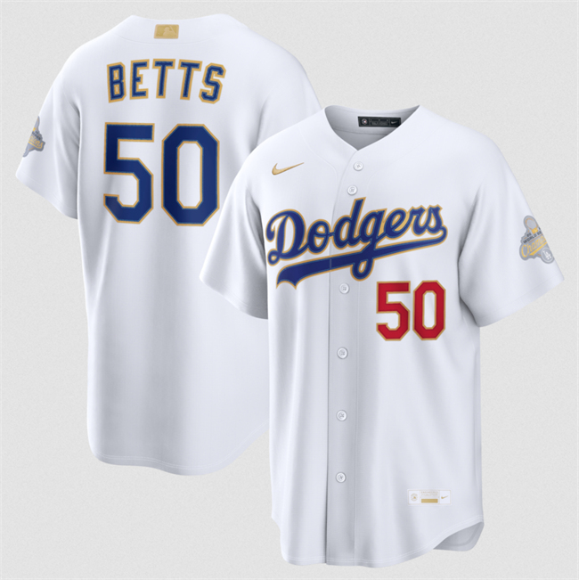 Men's White Los Angeles Dodgers #50 Mookie Betts 2026 Gold Collection Stadium Stitched Baseball Jersey